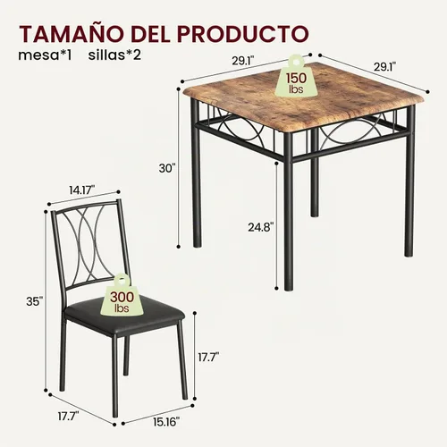 Vista 2 de Juego de mesa de comedor para 2, mesa de cocina con 2 sillas tapizadas, juego de mesa de comedor de cocina de 3 piezas de madera para apartamento