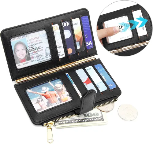 Vista 9 de Badiya Tarjetero de crédito para mujer, cartera RFID para mujer, organizador de tarjetas plegable delgado con funda para múltiples tarjetas