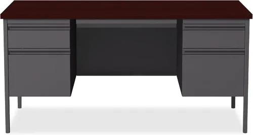 Vista 5 de Lorell Fortress - Escritorio con pedestal doble, 30 x 60 x 29.5 pulgadas, base de acero gris con parte superior laminada de caoba