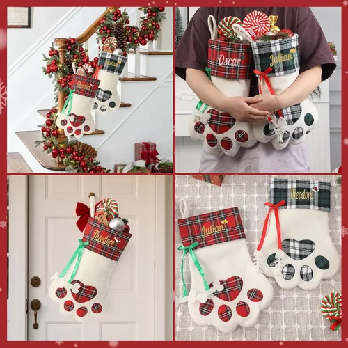 Vista 7 de 1 Pack Personalized Christmas Stockings for Kids,Custom Embroidered Name+Logo Pattern Burlap Plaid 3D Xmas Stockings 18'',Family Decoration 3d-04