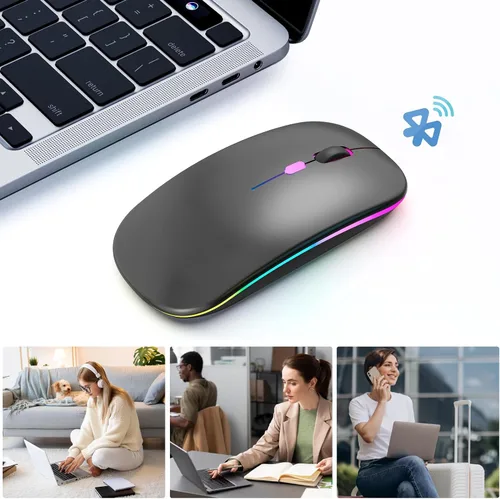 Vista 5 de Ratón inalámbrico LED, mouse Bluetooth recargable, mouse portátil delgado con receptor USB, conexión de modo dual BT5.4 y 2.4G, silencioso