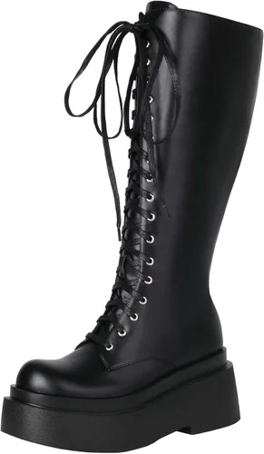Vista 37 de Parisuit Botas góticas altas hasta la rodilla con hebilla de plataforma para mujer, tacón alto grueso, con cordones, botas de combate punk, con Negro