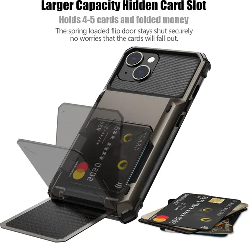 Vista 31 de Nvollnoe - Funda para iPhone 14 con tarjetero [tienda de 5 tarjetas] Negro - Almacenamiento más grande