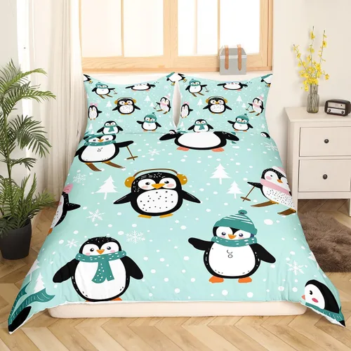 Vista 24 de Juego de ropa de cama de Feliz Navidad, funda de edredón azul con árbol de Navidad para niñas y niños, elegante funda de edredón de copo de nieve