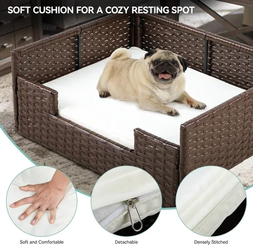 Vista 5 de YITAHOME Sofá cama de ratán para perro con cojín, cama de mimbre para mascotas, sofá para interiores y exteriores, agua no afectada para perros