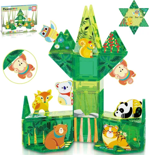 Vista 13 de PicassoTiles - Juego de 38 piezas de bloques de construcción con azulejos magnéticos, tema de dinosaurios, con 8 figuras de acción magnetizadas