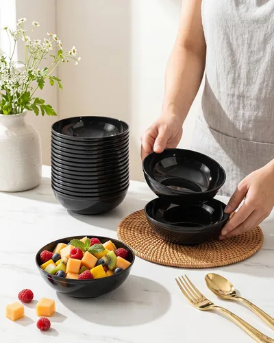 Vista 8 de bUCLA Paquete de 50 Cuencos de Plástico Negro - Cuencos Desechables de Plástico Negro de 10oz para Salsa/Servir - Ideales para Fiestas y Año Nuevo