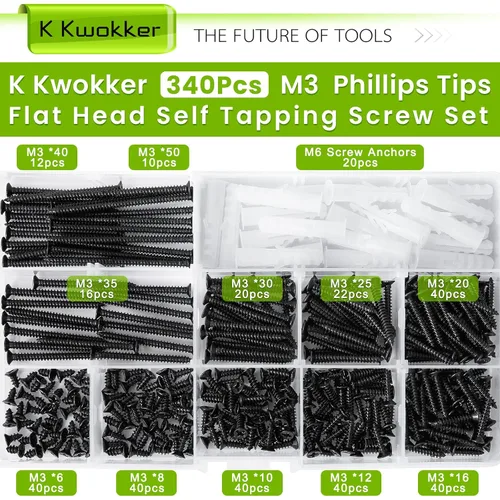 Vista 2 de Tornillos autorroscantes M3 Kit surtido de tornillos para madera de 0.236 in a 1.969 in, puntas Phillips de cabeza plana, tornillos y anclajes
