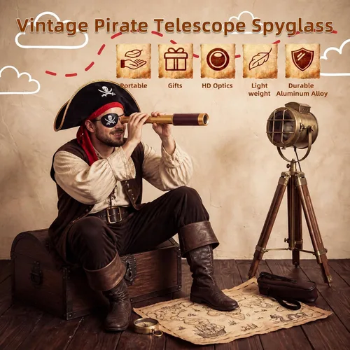 Vista 2 de 25X30 Telescopio pirata Spyglass con sombrero y máscara de ojos