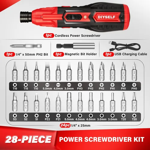 Vista 6 de DIYSELF Destornillador eléctrico, destornillador de 3.7 V con LED, incluye 25 puntas, cable de carga USB, mini destornillador eléctrico