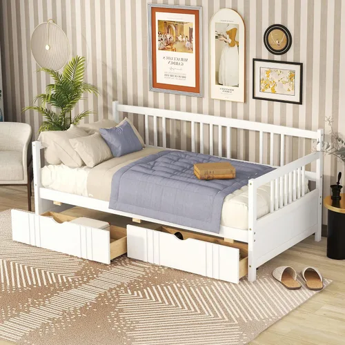 Vista 15 de Polibi Sofá cama de tamaño individual con dos cajones, marco de sofá cama de madera con rieles para sala de estar, dormitorio, color espresso
