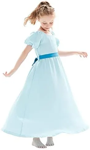 Vista 4 de Vestido azul para niños, disfraz de cosplay para niñas, vestido de princesa, vestido de verano, falda azul, cinturón, lazo, traje de Halloween