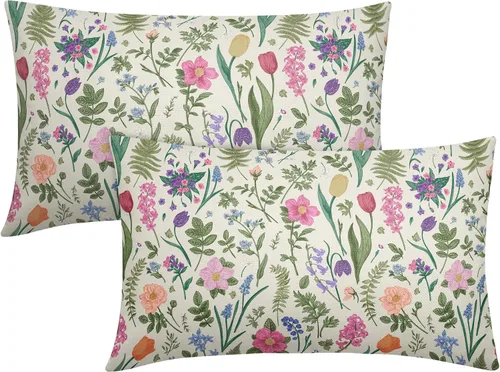 Vista 15 de Juego de 2 fundas de almohada de primavera de 16 x 16 pulgadas, diseño de conejo, flores rosas, hojas verdes salvia, plantas botánicas vintage