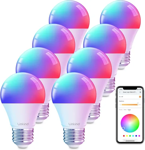 Vista 12 de Linkind Bombillas inteligentes WiFi, bombilla de luz Alexa que funciona con Alexa, Google Home, bombilla RGBTW de cambio de color de 16 millones