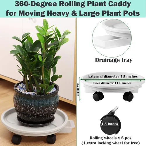 Vista 3 de Paquete de 4 soportes rodantes para plantas de 13 pulgadas con ruedas, bandeja de drenaje y ruedas, plataforma de plástico resistente para mover