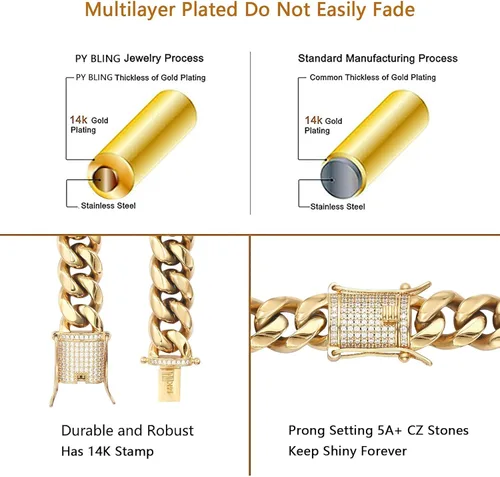 Vista 2 de PY BLING Heavy Stainless Steel Miami Cuban Link Bracelet 8mm-16mm 14k Real Gold Plated with Lab Diamond Clasp Premium Hip Hop Jewelry For Men Women
