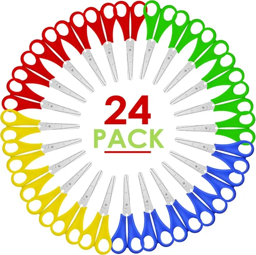 Vista 8 de Tijeras infantiles de 5 pulgadas, paquete de 4 tijeras escolares de seguridad para niños, acero inoxidable, colores surtidos, zurdos o diestros