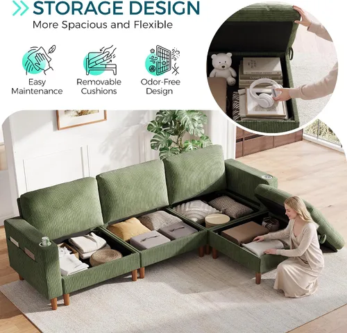 Vista 4 de LINSY HOME Sofá modular modular de 110 pulgadas con almacenamiento, sofá nube de 3 asientos con 1 otomana móvil y 2 almohadas, sofás seccionales