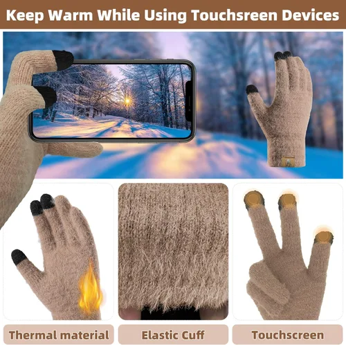 Vista 3 de Gorro de punto de invierno para mujer con guantes para pantalla táctil, gorro de pompón, bufandas para el cuello para hombres