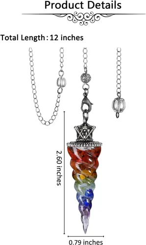 Vista 6 de Jovivi Péndulos naturales de cristal de 7 chakras para radiestesia de adivinación, corona de cono de espiral, péndulo puntiagudo con cadena, piedras