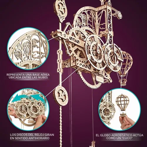 Vista 6 de UGEARS Aero Clock - Rompecabezas 3D de madera para adultos, kit de modelo mecánico de madera para adultos, reloj de pared, rompecabezas 3D con kit