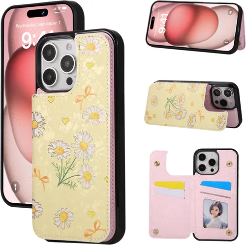 Vista 34 de UEEBAI Funda tipo cartera para iPhone 13 con tarjeteros, piel sintética, diseño floral, función atril, bloqueo RFID, doble cierre magnético, funda