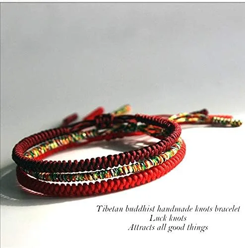 Vista 2 de COLORFUL BLING Pulsera de cuerda roja de la suerte china, oración budista tibetana, hecha a mano, cuerda de oración de yoga, pulsera de mala