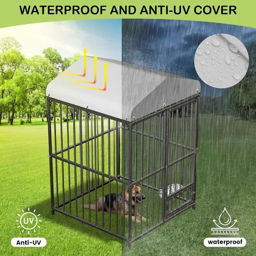 Vista 5 de Perrera para perros grandes, 4 x 4 x 6 pies, perrera grande exterior con cerradura, recintos para perros con cubierta impermeable resistente a