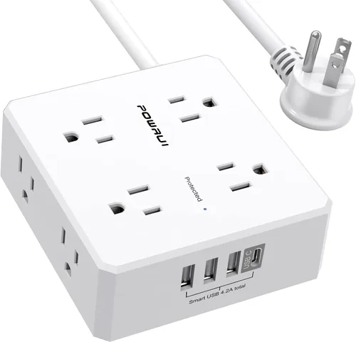 Vista 12 de Regleta protectora de sobretensiones – Cable de extensión de enchufe plano de 6 pies con 8 tomas amplias y 4 puertos USB (1 USB C), extensor de Negro