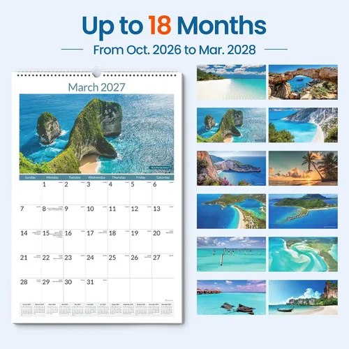 Vista 3 de SUNEE Calendario de pared grande 2026-2027, 22.75 x 15.5 pulgadas, calendario de 18 meses (finaliza marzo de 2028), vertical extragrande, playas