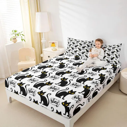 Vista 7 de Juego de sábanas bajeras con bonito diseño de gato negro para niños y niñas, diseño de dibujos animados de Halloween, gato, animales, sábanas