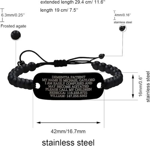 Vista 7 de Pulsera de identificación de demencia grabado láser oscuro personalizada hecha a mano color negro mate para hombres y mujeres Acero inoxidable Ónix
