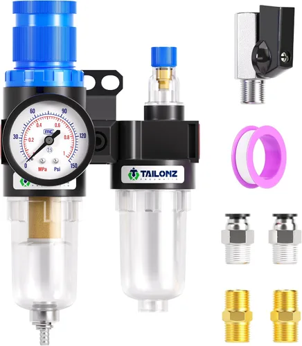 Vista 9 de TAILONZ PNEUMATIC Kit de regulador de presión de filtro de aire NPT AFR2000 de 1/4 pulgadas (0 a 145 psi) Filtro compresor de herramienta de aire