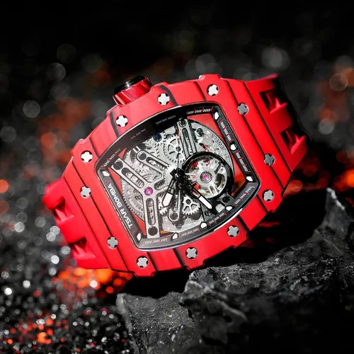 Vista 2 de Reloj para hombre, reloj mecánico automático de esqueleto para hombre, 164.0 ft, impermeable, de lujo, Tonneau, cuadrado, esfera grande, con correa