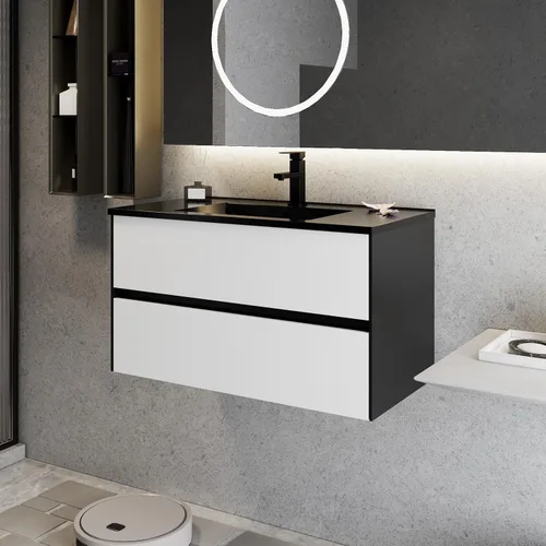 Vista 9 de eclife Armario de tocador de baño de 24 pulgadas con fregadero blanco empotrado, armario de baño flotante montado en la pared con colores mezclados