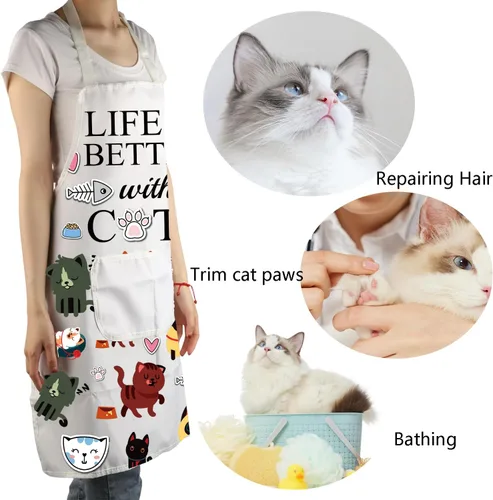 Vista 6 de MBMSO Delantal para gatos con bolsillos, delantal de cocina para gatos, divertido delantal de cocina para gatos, regalo para amantes de los gatos