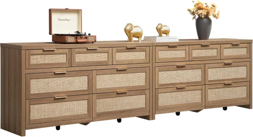 Vista 13 de SICOTAS Cómoda de 7 cajones para dormitorio, cómodas de ratán de 57" de ancho, cómoda grande con cajones para dormitorio, cómoda soporte de TV