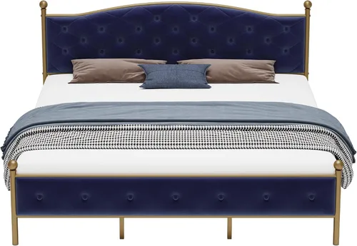 Vista 5 de Base de cama tapizada de tamaño matrimonial con botones y tela de terciopelo, base de colchón resistente con marco de metal y listones de madera