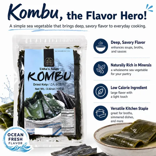 Vista 4 de Unha's Korean Wild Kombu - Kelp seco, 3.52 onzas, producto de Corea Hand-Harvested, Natural, No Added Salt, No MSG, Dashi Broth, Miso Soup, Ramen