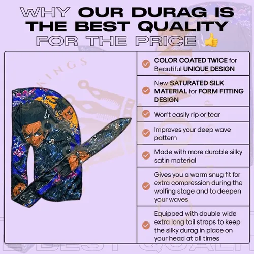 Vista 2 de Art Silky Durag con colas largas y anchas, durags de tela de seda suave satinada para mayor comodidad y compresión