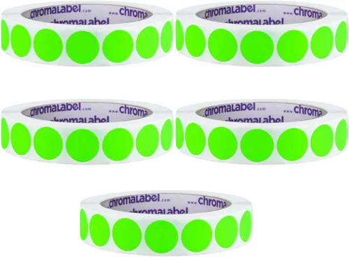 Vista 27 de ChromaLabel Kit de puntos verdes y amarillos fluorescentes con código de color extraíble de 3/4 pulgadas, 2 rollos, 1000/rollo