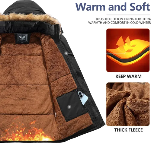 Vista 3 de JYG - Chaqueta de invierno gruesa para hombre, parka acolchada con capucha extraíble de piel sintética Negro