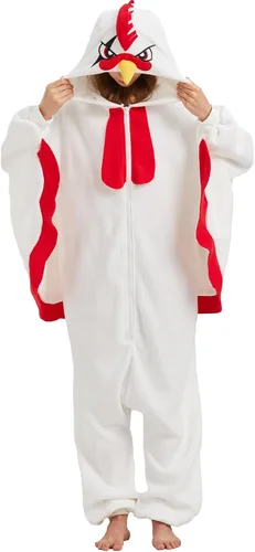 Vista 2 de MORNINGFLY Chicken Onesie for Adults - Chicken Halloween Costume - Animal Pajamas - White Scar Rooster One-Piece Cosplay Suit