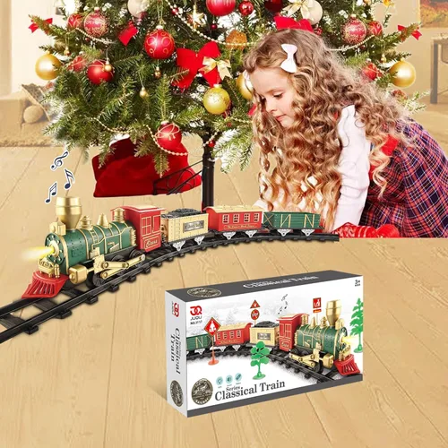 Vista 6 de JQ JUQU Juego de tren eléctrico para niños de 3 a 8 años, tren de juguete a pilas con luces y sonidos, 3 autos y 10 pistas para Navidad y juego
