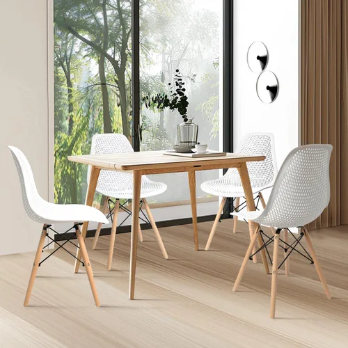 Vista 4 de CangLong Silla de comedor con carcasa de plástico, silla auxiliar moderna de mediados de siglo con diseño de malla, patas de madera de haya