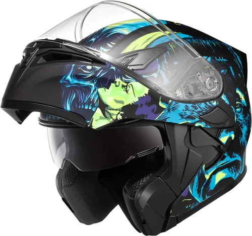 Vista 13 de KYPARA Casco modular de doble visera abatible de cara completa para motocicleta con certificación DOT de impresionismo