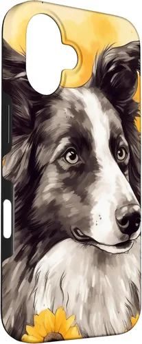 Vista 3 de iPhone 16 Border Collie Dog Watercolor Sunflower Border Collie Case