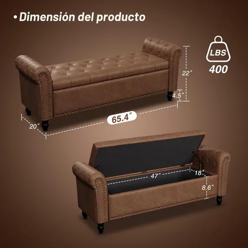 Vista 2 de FiveWillowise - Banco de dormitorio de 65 pulgadas, banco de extremo de cama con almacenamiento, color marrón