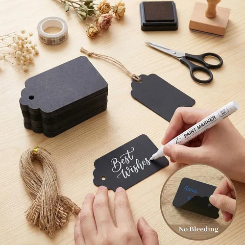 Vista 4 de SallyFashion 100 etiquetas de regalo con cuerda adjunta, 1.5 x 2.8 pulgadas, etiquetas de regalo negras de papel negro para ropa, manualidades