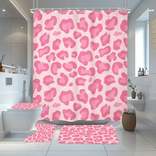 Vista 17 de Riyidecor Cortina de Ducha con Estampado de Leopardo Negro y Rosa Cabina Pequeña RV Estrecha Linda Femenina Moderna Trendy Simple Guepardo 36Wx72H